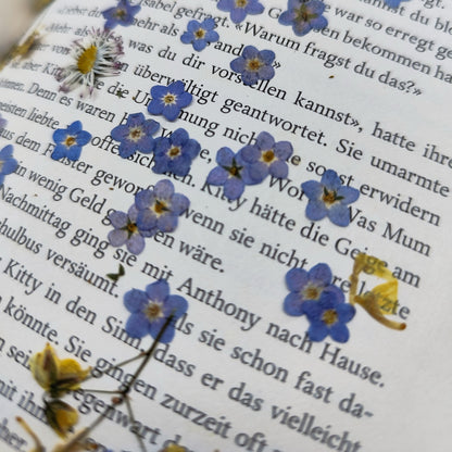 Getrocknete blaue Vergissmeinnicht-Blüten auf bedrucktem Papier, vorbereitet für die Verarbeitung in handgefertigten Resin-Schmuck.